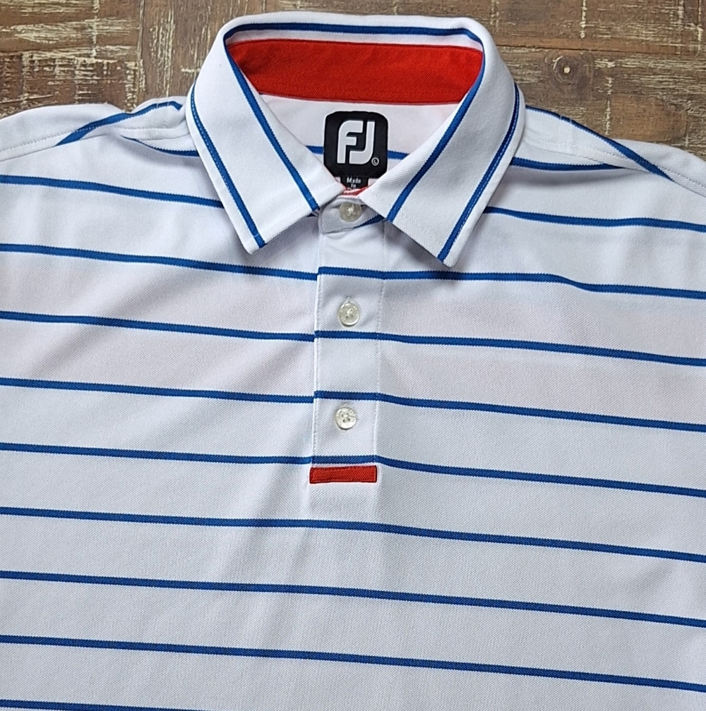 Footjoy FJ Mens Polo Golf Shirt Large Red‎ White Blue Striped Performance Logo